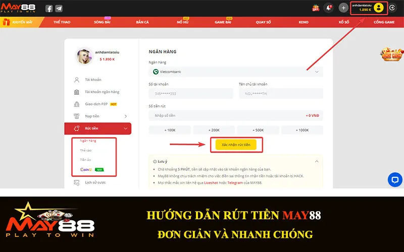 Điều kiện cần để thực hiện rút tiền May88